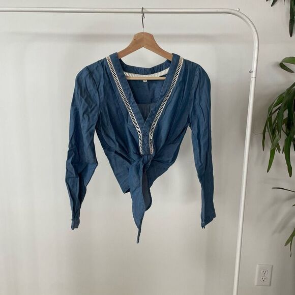 Lovers + Friends Denim Lyocell Front Tie Western Boho Top - Picture 1 of 4